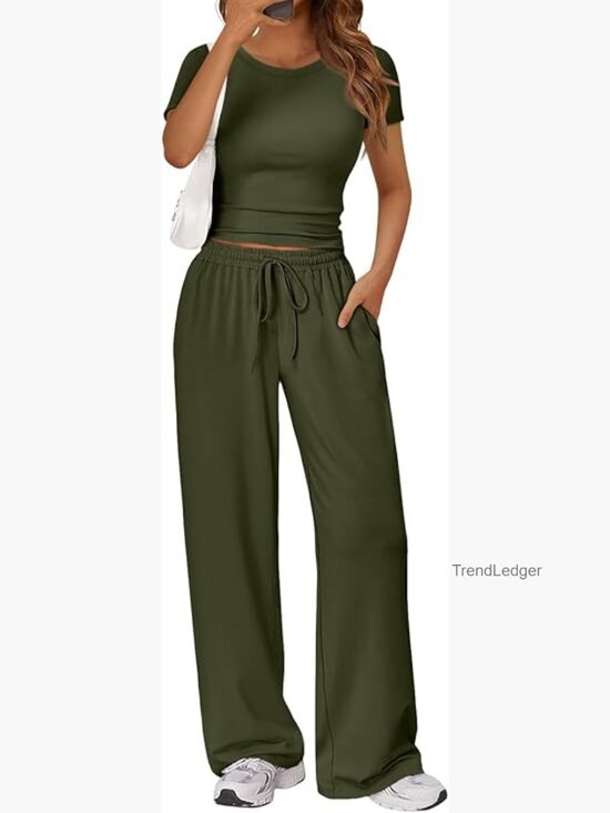 Pants - 2 Piece Matching Summer Sweatsuit Lounge Set Side Ruching Top Wide Leg Pants